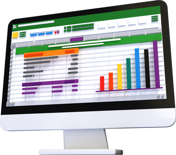 Spreadsheet on Computer screen 3d render icon. Financial accounting report concept. office things for planning, accounting, analysis, audit, project management, marketing, research data illustration